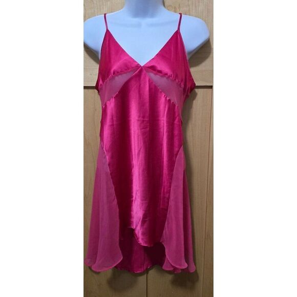 Sexy Pink Sheer & Satin Lingerie Nightgown With Spaghetti Straps & Flowy Hem - Picture 1 of 8